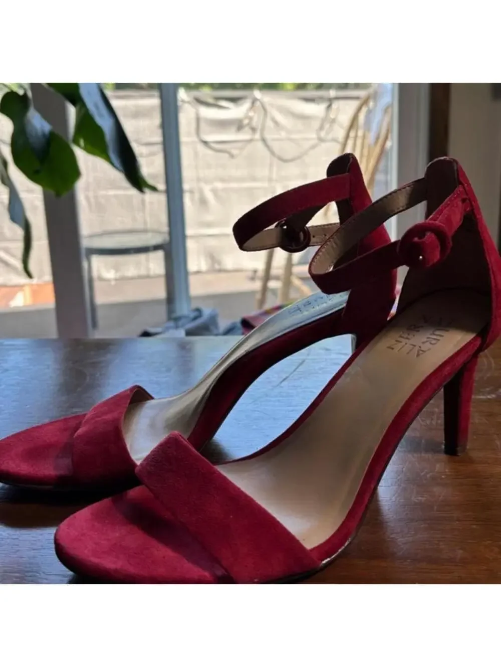 Red suede naturalizer heels in US 8M #heels #suede with circle detail at buckle